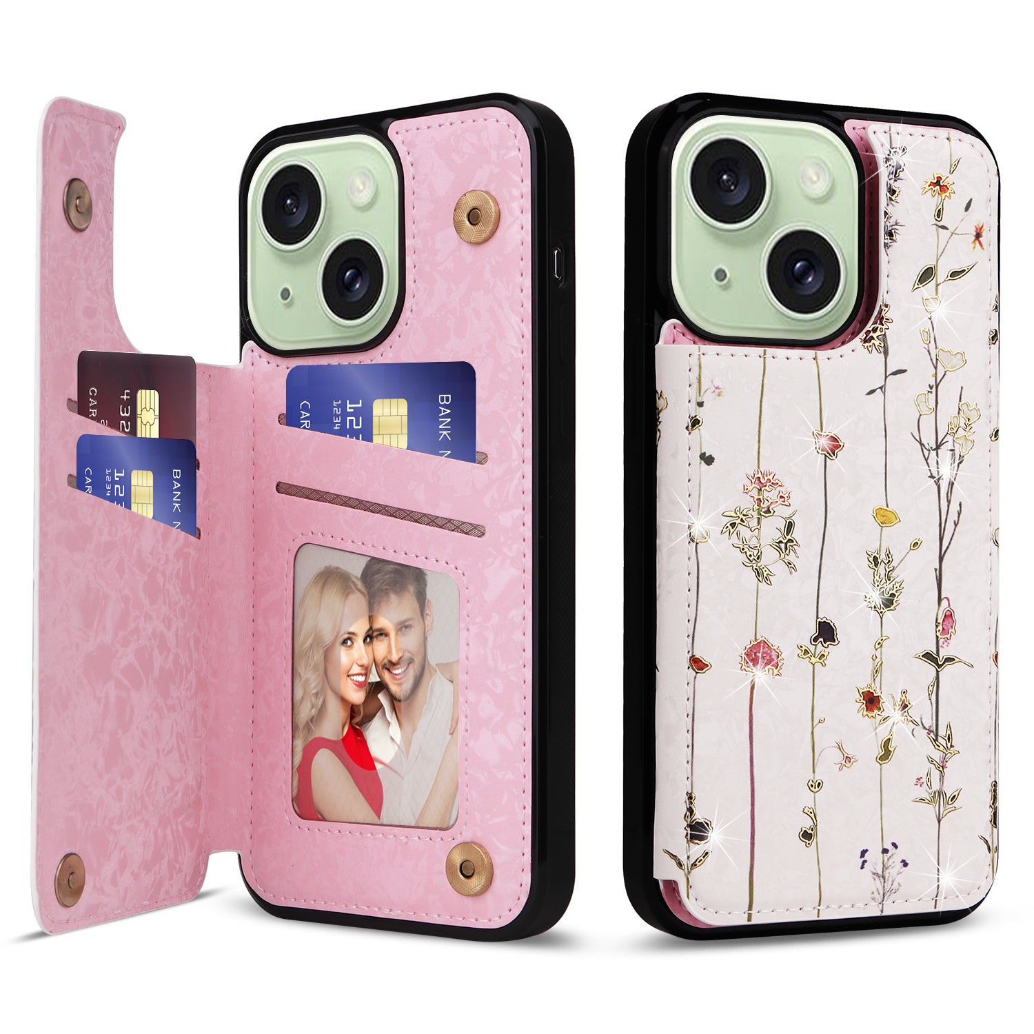 For iPhone 15 Plus Case Kickstand Flower Printed Shockproof Phone Case with Card Slot For iPhone 15 Plus Case Kickstand Flower Printed Shockproof Phone Case with Card Slot